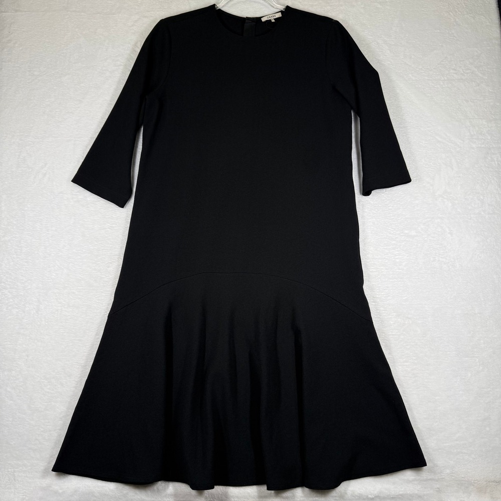 Ganni Clark Black Drop Waist Flounce Hem Dress Womens Size 38 3/4 Sleeve LBD